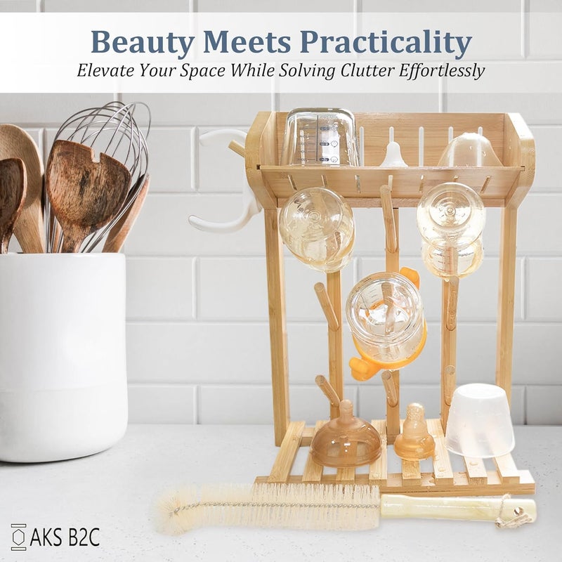 AKS B2C Bamboo Baby Bottle Drying Rack, Vertical Space Saving Kitchen Organizer, 9 Bottle Capacity, Countertop Storage Holder and Bottle Dryer with Draining Base (Comes with a Free Cleaning Brush) - Image 5